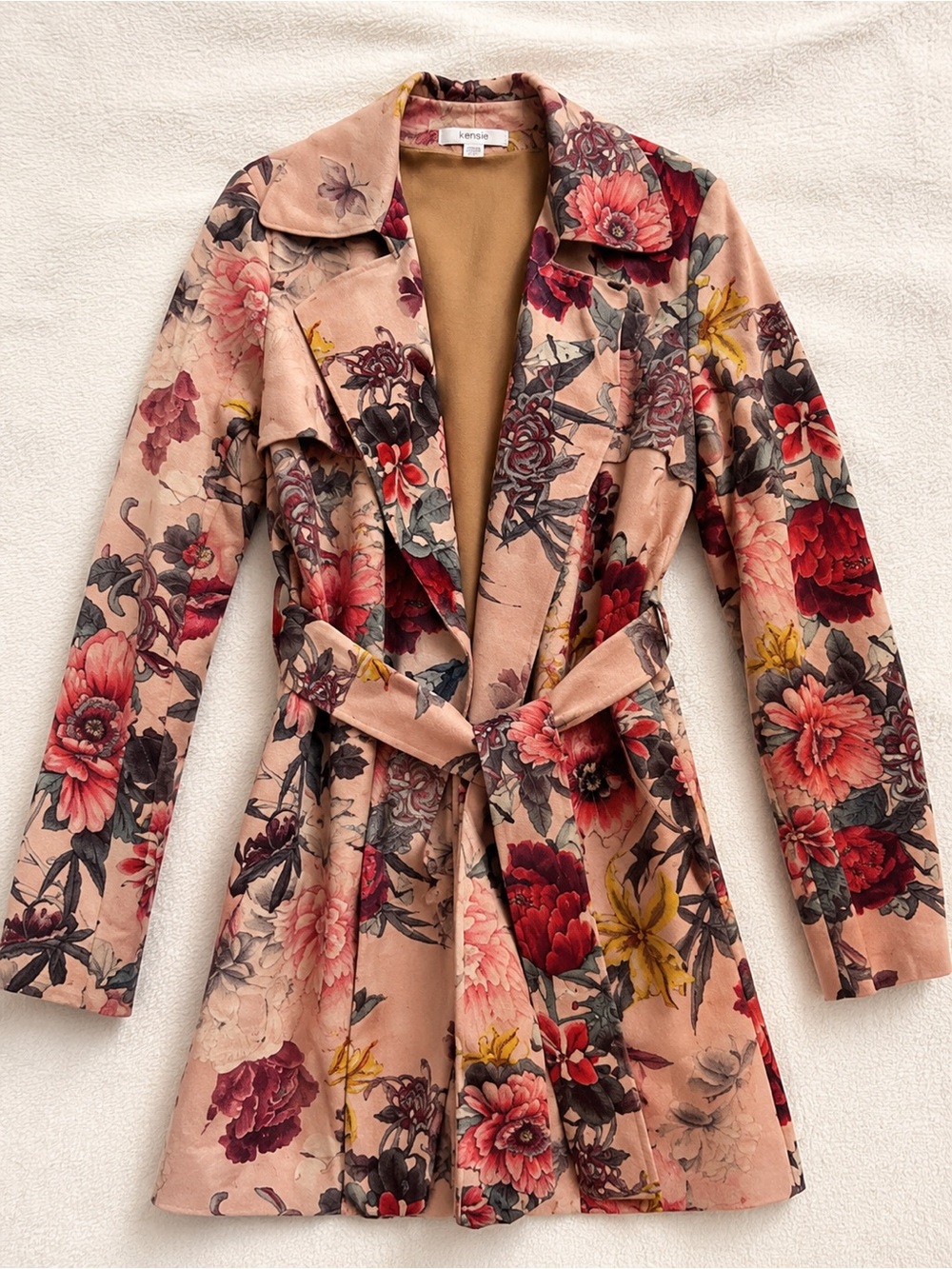 Solitaire Floral Faux Suede Waterfall Trench Coat Pink Medium
